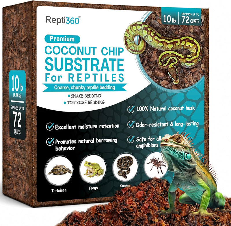 Premium Coconut Chip Substrate for Reptiles – 10 LB Block in Carton Box, Expands to 72 Quarts – Natural & Dust-Free Coco