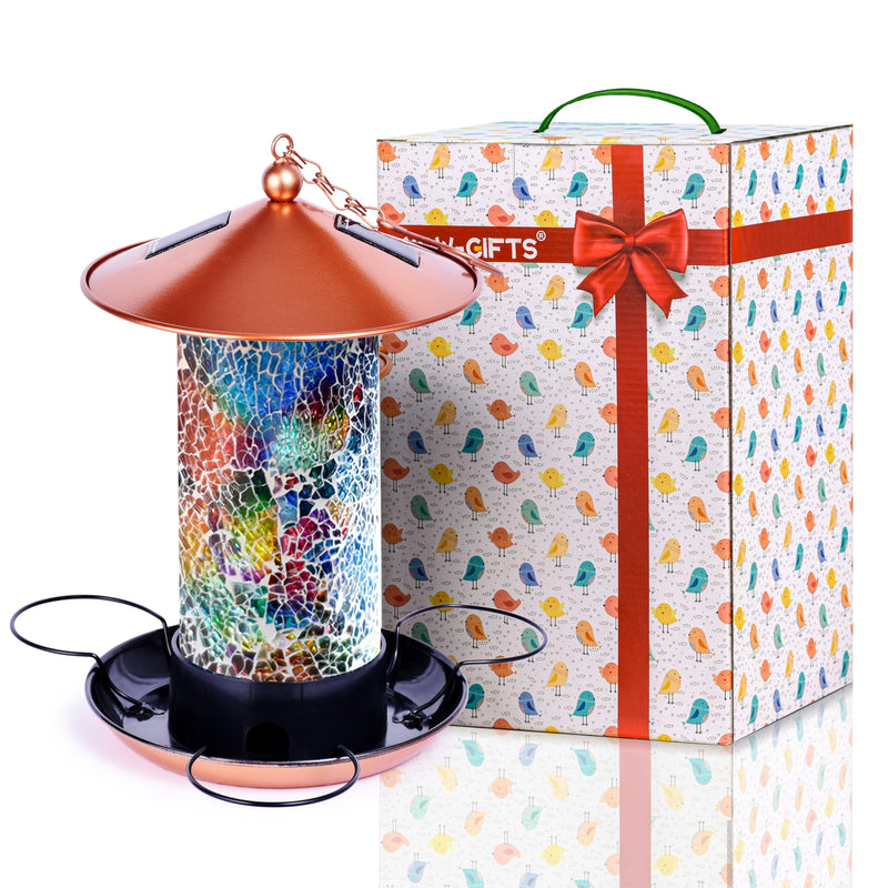 XDW-GIFTS Mosaic Solar Wild Bird Feeder, Waterproof Lantern Shape with S-Hook & 4 LED Lights, Garden Decor for Lawn, Patio, Balcony, Yard Ornament - Unique Gifts for Mom, Women, Grandma, Bird Lovers