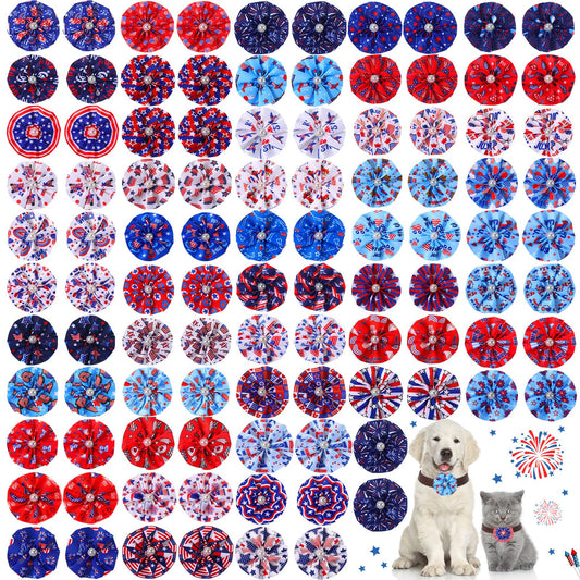 Sweetude 100 Pcs 4th of July Dog Collar Flowers Charms Bulk 250th Anniversary Accessories Patriotic Pet Flower Collar Bow Ties Grooming Supplies Puppy Bows Slides Attachment for Pets(Flag Style)