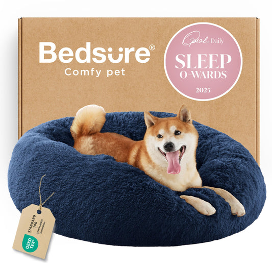 Bedsure Calming Dog Bed for Medium Dogs - Donut Washable Medium Pet Bed, 30 inches Anti-Slip Round Fluffy Plush Faux Fur Cat Bed, Fits up to 45 lbs Pets, Navy