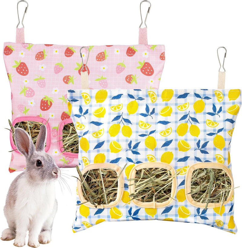 Lesnala 2 Pcs Canvas Hanging Bunny Hay Feeder Bags 3 Holes 2 Styles