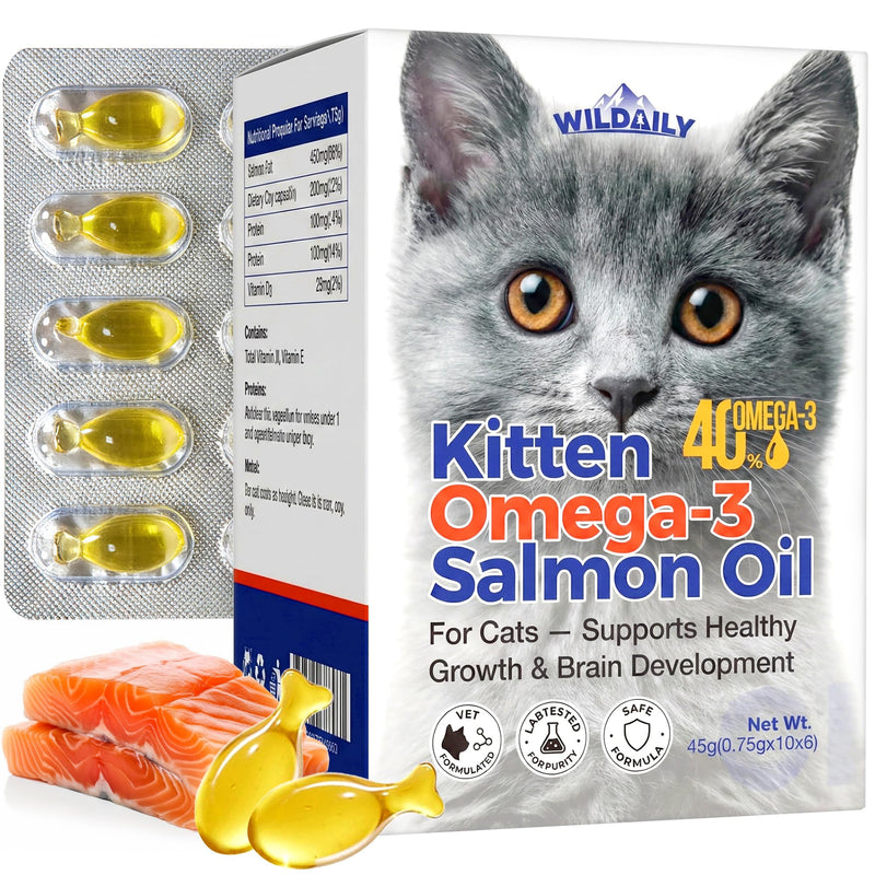 Wildaily High DHA Omega 3 Fish Oil for Cats(60 Ct), Wild Salmon Oil, Brain, Vision & Immune Support, Easy-to-Twist-Off Softgel, Salmon Flavor for Healthy Skin & Coat