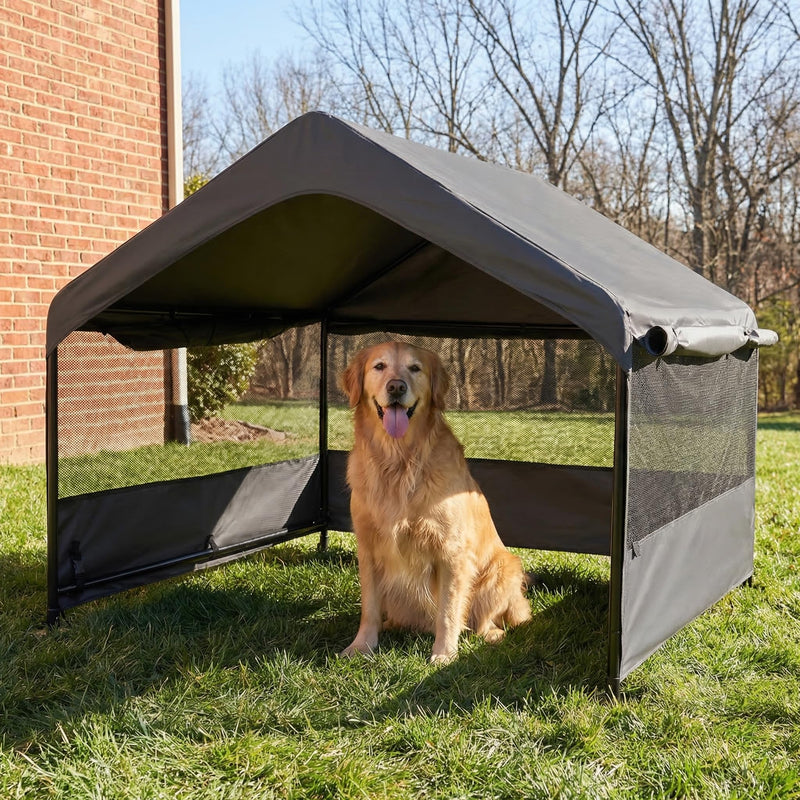 Yokaniwa Dog Tent House Outdoor Shade 4'x4'x3' Shelter for Large Medium Pets,Outside Sun Rain Waterproof Canopy with Three-Sided Breathable Mesh Windows,Livestock House with Ground Nails,Dark Gray