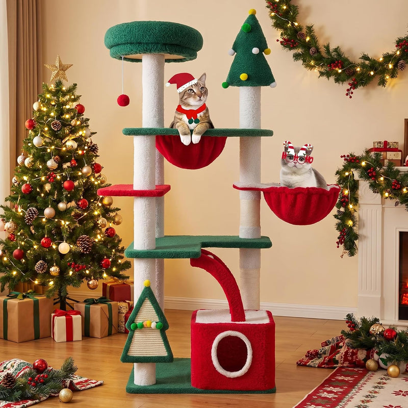 SHA CERLIN 67in Tall Cat Tree/Climbing Tower with Top Perch, Hammock, Sisal Scratching Posts/Cute Condo for Indoor Kitti