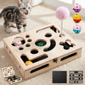 Large Solid Wood Cat Nail File Enrichment Box, Cat Scratch Puzzle Enrichment Box with Flip Lid Lock, Sandpaper Scratcher, 3 Bells & Cat Wand, Alternative to Clippers and Grinders