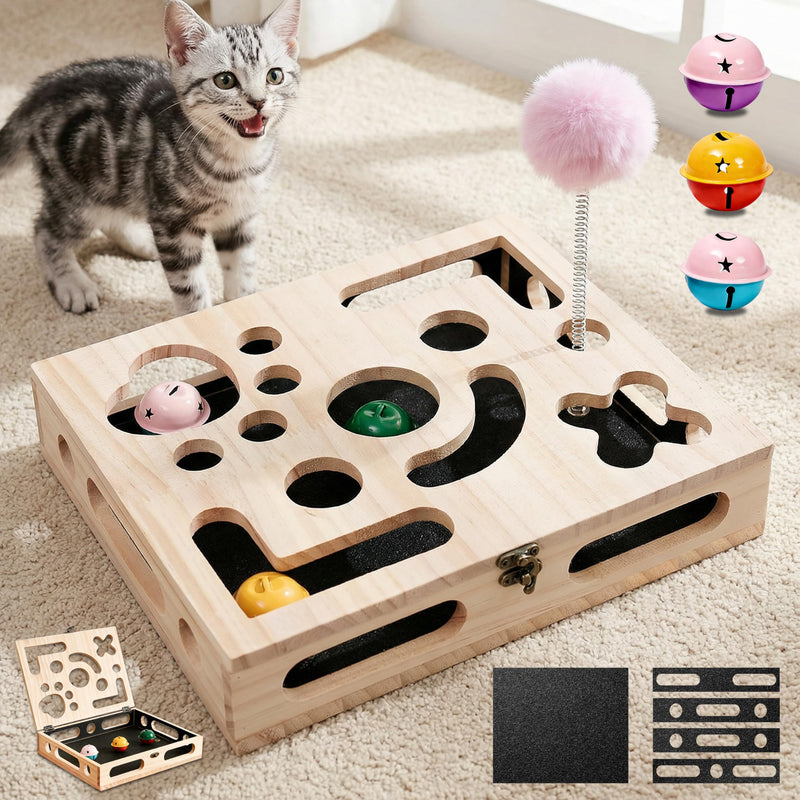 Large Solid Wood Cat Nail File Enrichment Box, Cat Scratch Puzzle Enrichment Box with Flip Lid Lock, Sandpaper Scratcher, 3 Bells & Cat Wand, Alternative to Clippers and Grinders