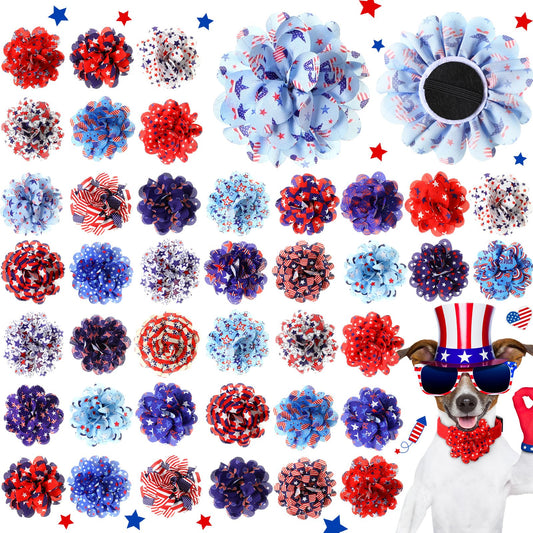 Huhumy 50 Pcs Patriotic Dog Collar Flowers Bulk 4th of July Star Dog Bowtie Flower Grooming Charms Accessories for Pets Collar Attachment Embellishment Independence Day 250th Anniversary Party Costume