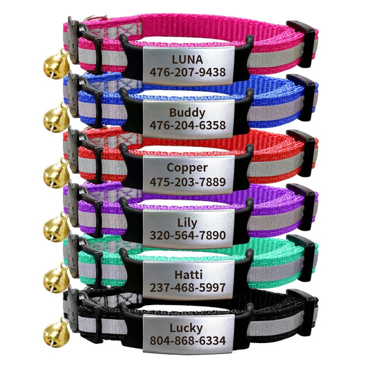 Personalised Cat Collar Adjustable Reflective Nylon with Cat Pattern Breakaway, Safety Quick Release, Bell, Custom Stainless Steel Name Tag & ID Number Plate (8"-10.6", Multiple Colors)