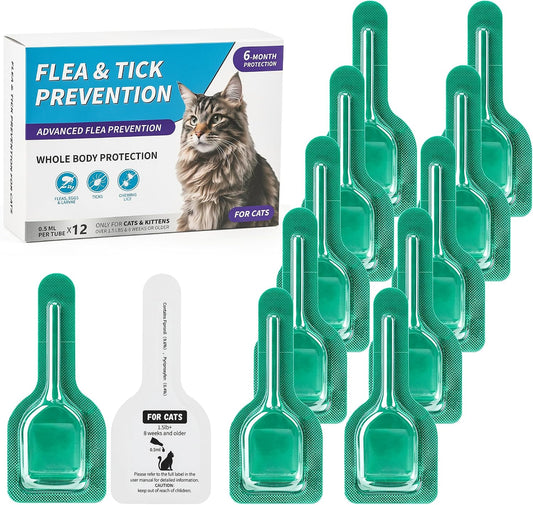 12Pcs Cat Flea&Tick Topical Drops, Flea and Tick for Cats & Kittens 8 Weeks or Older, Monthly Use