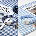 LIONET PAWS 2 Pack Breakaway Cat Collars, Cute Soft Cotton Plaid Gingham & Blue Stripe Kitten Collars with Bell for Boy 