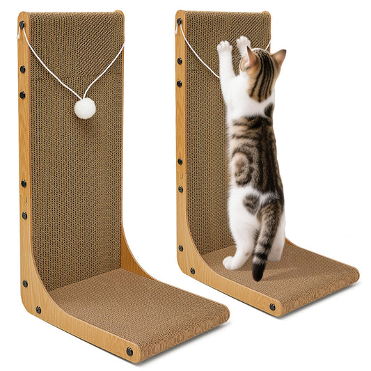 Markarbarka Value 2-Pack 23.6 Inch L-Shaped Cardboard Cat Scratcher, Dual Use (Vert/Horiz) Scratch Pad with Toy Balls, Wall-Mountable Furniture Protector Cat Scratchers for Indoor Cats