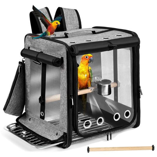 Sanmoncare Bird Carrier for Car Travel with Seat Belt, Indestructible Stainless Steel Mesh Parrot Backpack Travel Cage