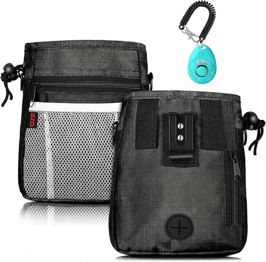 SZO Dog Treat Pouch - 3 Ways to Wear Treat Pouches for Pet Training and Clicker Taining for Dogs, Dog Training Treat Pouch Bag and Dog Clicker for Training with Waist Belt Shoulder Strap - Black