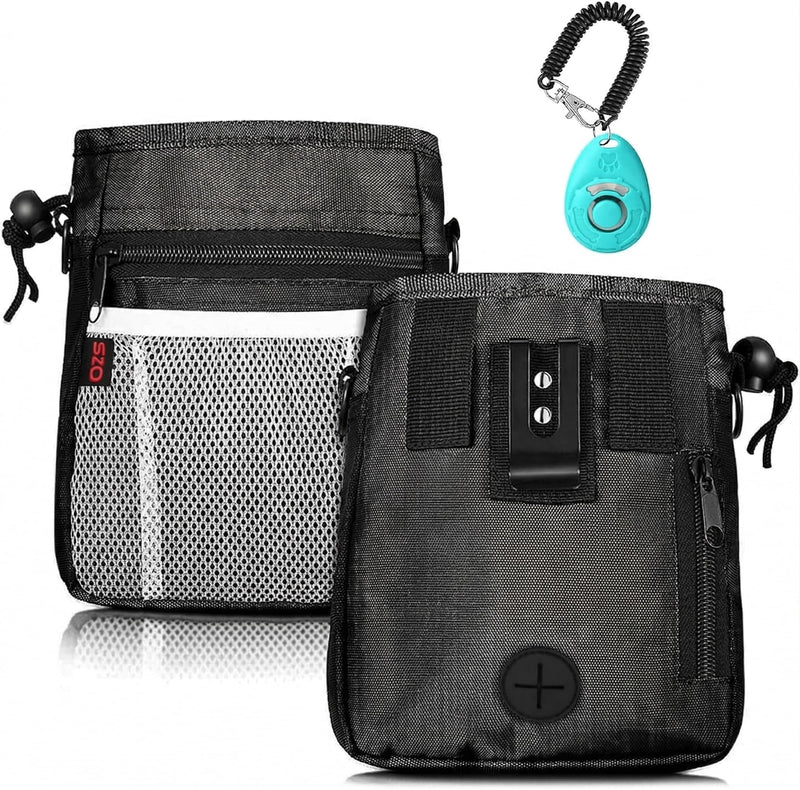 SZO Dog Treat Pouch - 3 Ways to Wear Treat Pouches for Pet Training and Clicker Taining for Dogs, Dog Training Treat Pouch Bag and Dog Clicker for Training with Waist Belt Shoulder Strap - Black