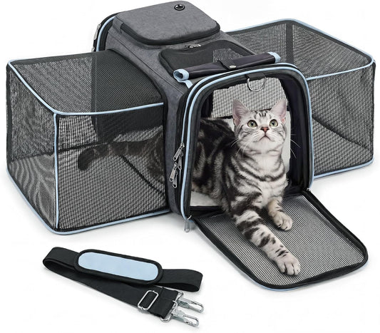 Amoowis Expandable Cat Carrier for Cats and Small Dogs, Airline Approved Under-Seat with Double-Side Extension, Durable 600D Fabric Internal Frame, Ventilated with Safety Leash, Blue