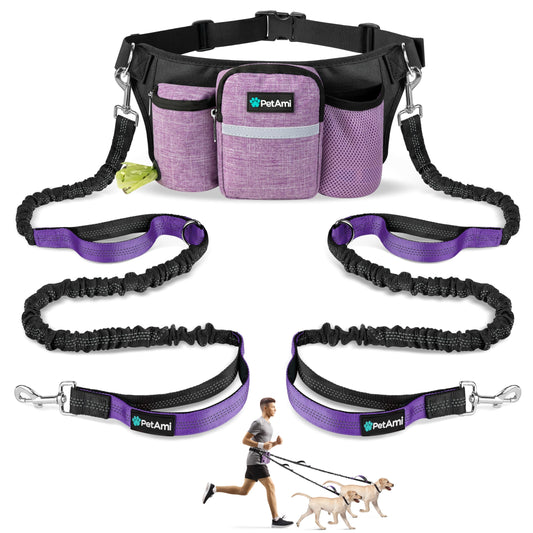 PetAmi Premium Hands Free Dog Leash for 2 Dogs, Adjustable Waist Belt Leash for Dog Walking, Fanny Pack Accessories Bag Dual Bungee Leash for Running, Hiking, Jogging, Biking, Purple