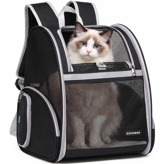 Cat Backpack Carrier for Small Dogs and Medium cat Puppy Kitten Bunny Pet Carrier Backpack Collapsible with Fully Ventilated Mesh with Safety Leash (Black, 12.9" L x 10.62" W x 15.5" H - M)