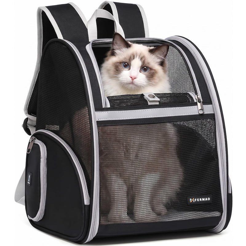 Cat Backpack Carrier for Small Dogs and Medium cat Puppy Kitten Bunny Pet Carrier Backpack Collapsible with Fully Ventilated Mesh with Safety Leash (Black, 12.9