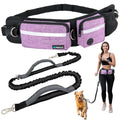 PetAmi Hands Free Dog Leash, Running Leash Belt Bag for Walking, Jogging, Waist Double Zipper Pouch with Poop Dispenser, Dual Padded Handles Reflective Bungee Single, Purple, 1 Leash