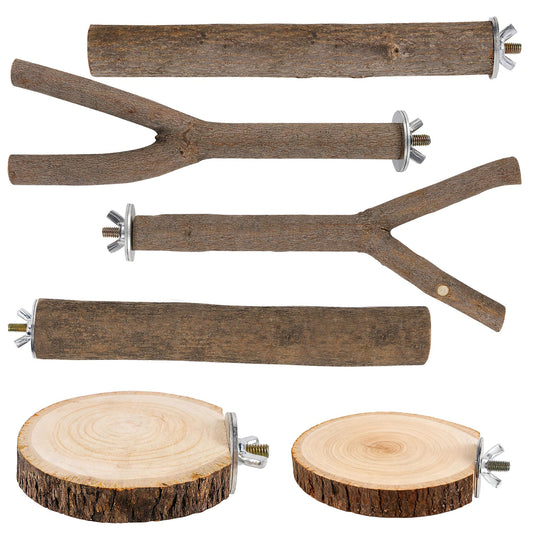 Treewoll 6 PCS Bird Perch Set, Natural Birch Wood Straight & Forked Perches with Platforms for Parakeets, Cockatiels, Conures, Lovebirds - Cage Accessories for Climbing & Exercise