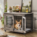 Lulive Dog Crate Furniture for Medium Dogs, 32'' Dog Kennel Indoor with Cushion & Wheels Wooden Dog Cage Double Doors Dog Crate End Table, Grey