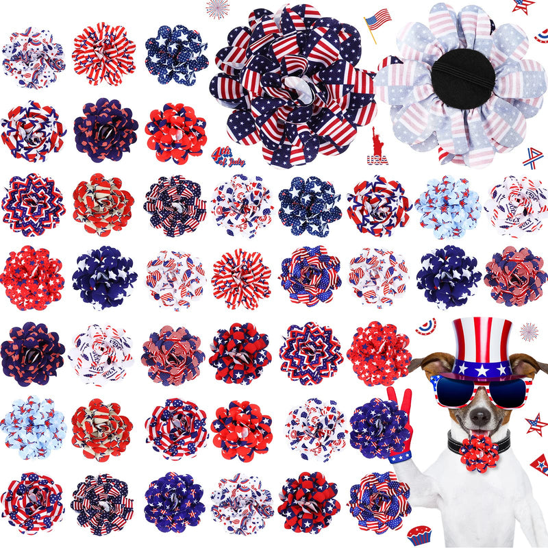 Silkfly 80 Pcs 4th of July Dog Collar Flowers, 20 Styles Memorial Day Patriotic Pet Collar Bows Charms, Red White Blue 250th Anniversary Flag Star Accessories for Independence Day Party