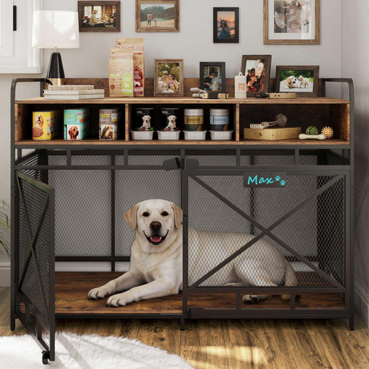 Fulhope Dog Crate Furniture, 48" Heavy Duty Wooden Dog Crate End Table, XL Dog Kennel Furniture Large Breed, Decorative Dog Kenne Indoor with 3 Drawers & Steel Tubes 48" L x28 W x36 H (Rustic Brown)