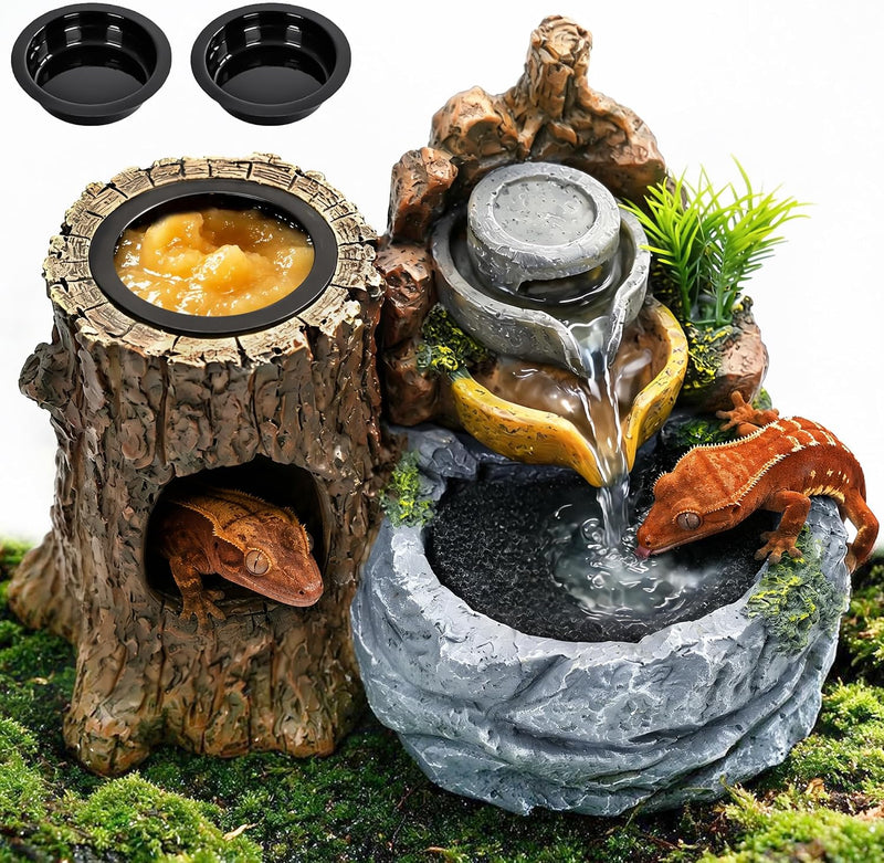 3-in-1 Reptile Water Fountain 550ML with Food Dish & Hideout