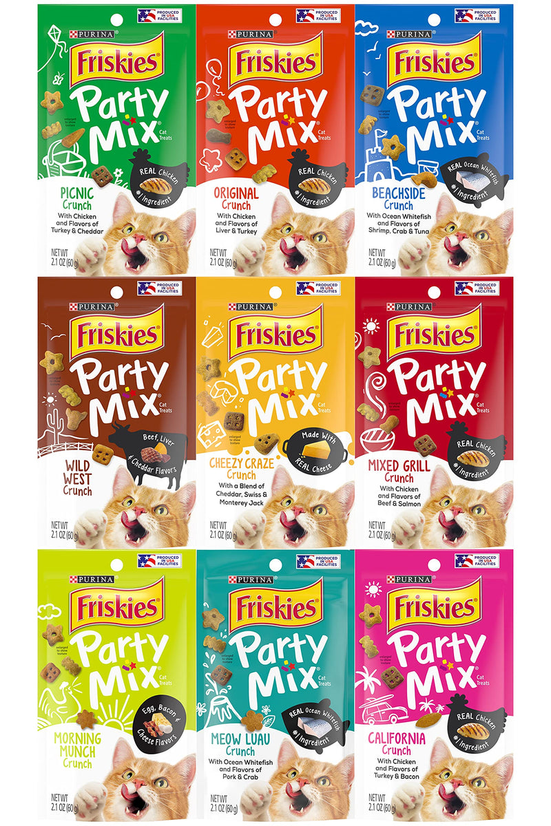 Friskies Party Mix Crunch Variety Pack (9 Flavors) - Wild West, Morning Munch, Mixed Grill, Picnic, Beachside, Cheezy Craze, Original, California Dreamin', and Meow Luau