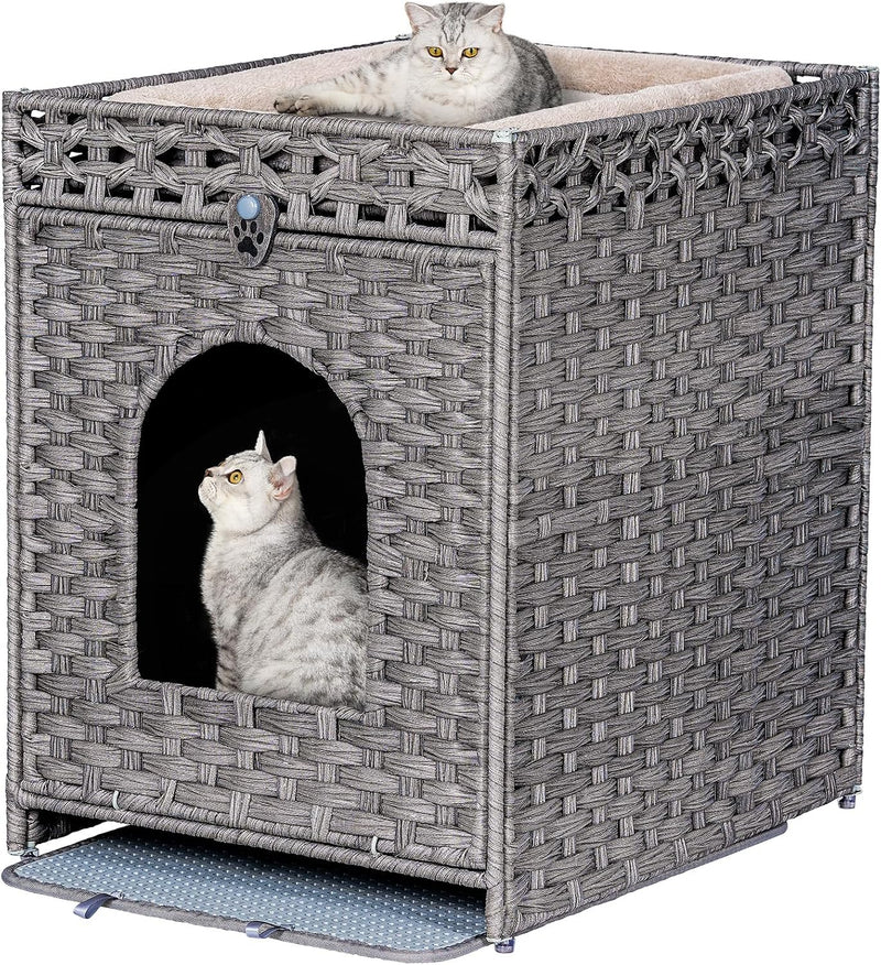 Snughome Cat Litter Box Enclosure Furniture Hidden with Cat Litter Mat, Hidden Cat Washroom Furniture with Door, Handwov