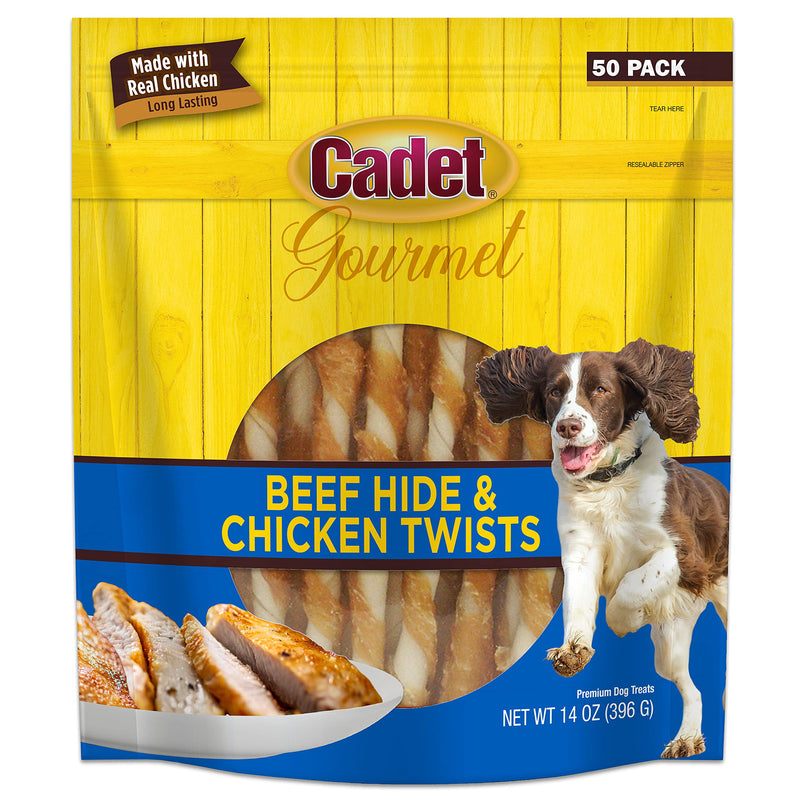 Cadet Gourmet 5-Inch Beef Hide Twist Chew Sticks, Long-Lasting and Natural Rawhide Chews for Dogs, Inspected & Tested in USA, Chicken Flavor, 50 Count
