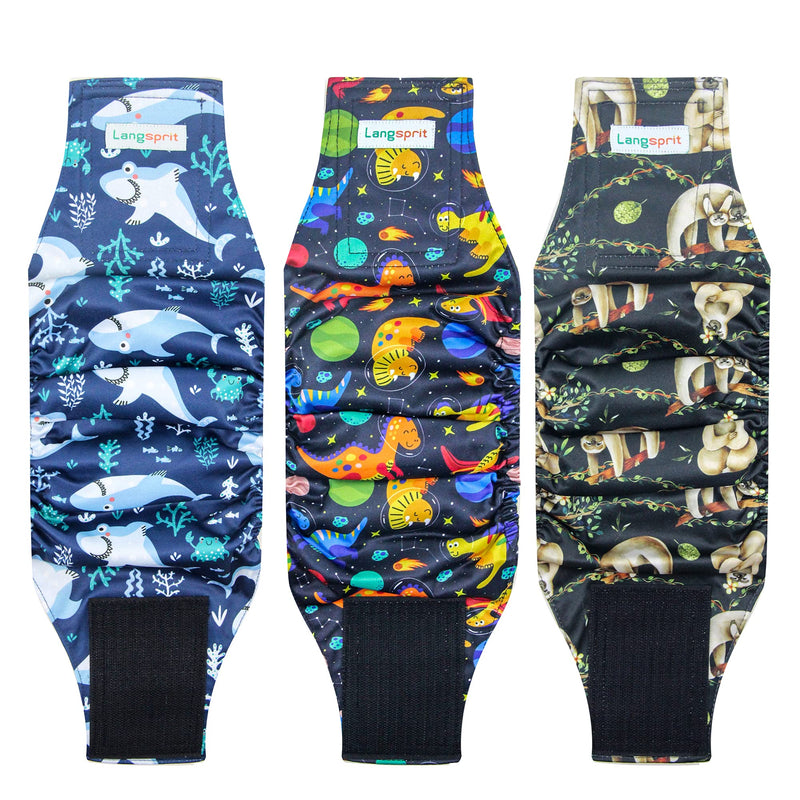 Langsprit Male Belly Bands for Dogs (Pack of 3) - Dog Diapers Male - High Absorbing Dog Wraps Washable - Reusable Small Doggy Doggie Puppy Dog Diapers (Sloth,Whale,Dinosaur, Small)