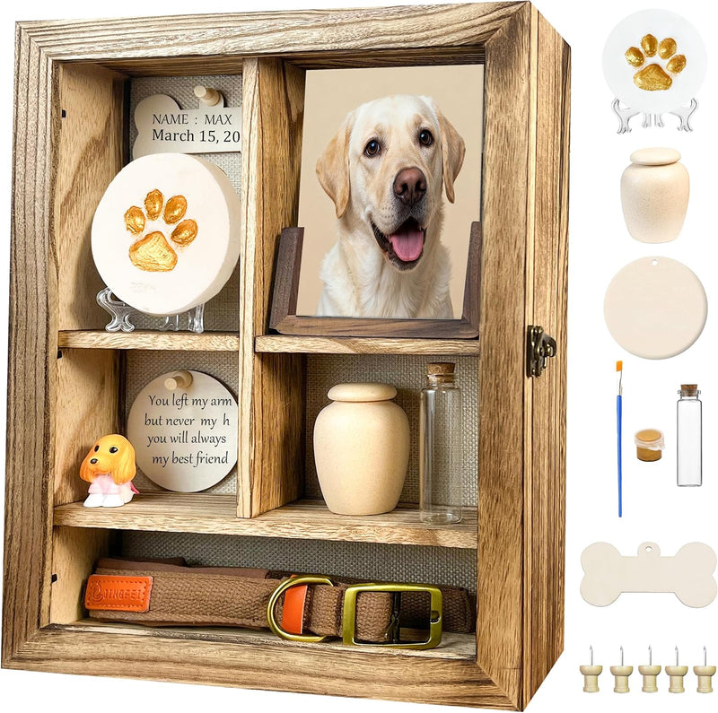 Solid Wood 11x14 Pet Memorial Shadow Box Frame with Adjustable Shelves Paw Print Kit Pet Urn Ashes Display Case Brown Do