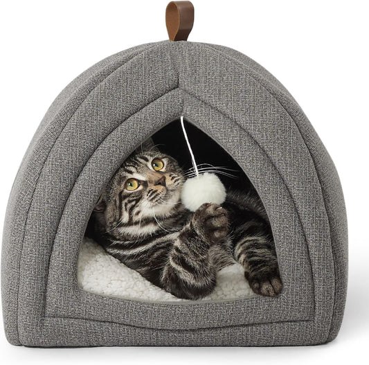 Bedsure Cat Beds for Indoor Cats - 2 in 1 Cat Cave House Tent for Kittens and Small Pets with Removable Washable Cushioned Pillow, Foldable Kitten Hideaway with Non-Slip Bottom, Grey, 16 inches