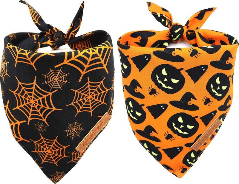 Realeaf Halloween Dog Bandanas 2 Pack, Pumpkin and Spider Web Bibs, Triangle Reversible Fall Pet Scarf, Premium Durable 