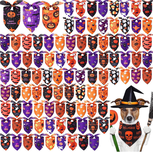 Abbylike 100 Pcs Halloween Dog Bandanas Bulk, Pumpkin Ghost Bat Skull