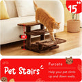 Furcato 15''H Multi-Step Pet Stairs for High Beds & Sofas, 3-Step Cat Stairs with 2 Toy Balls, Wide Boards for Indoor Kittens Dogs Pets Climbing, Brown