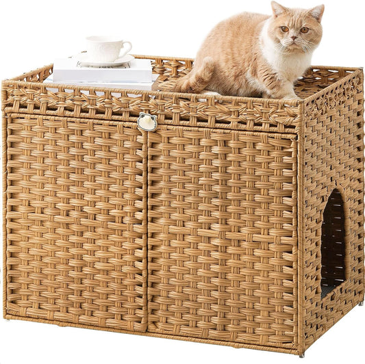 SETVSON Cat Litter Box Enclosure Furniture, Handwoven Rattan Hidden Litter Box with Mat, Large Space Cat House with 2 S-Shaped Hooks 30.3 x 18.3 x 24.4 Inches, Indoor for Living Room Apartment Natural
