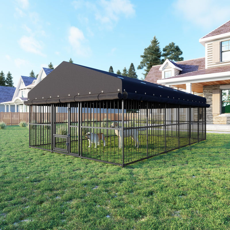10x15x6 FT Dog Kennel, Outdoor Dog Enclosure with Roof for Large Dogs, Heavy Duty Metal Outside Dog Fence with Triple Safety Locks Secure Dog Cage
