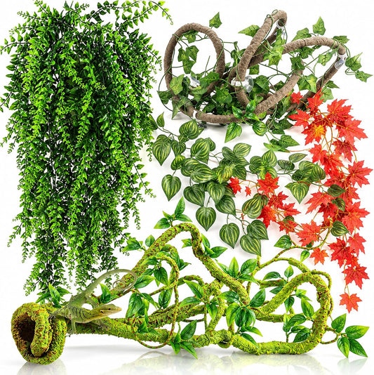 Grddaef Reptile Vines Plants for Terrarium, Flexible Vines Jungle Climbing Branch with Leaves Tank Decor for Snakes Bear