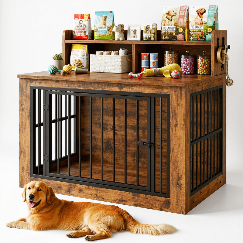 IRONCK Extra Large Dog Crate Furniture, 43.3 inches Wooden Dog Crate with Storage and 4 Hooks, Heavy Duty Pet Crate for Large Dog, Decorative Pet Cage for Indoor (30