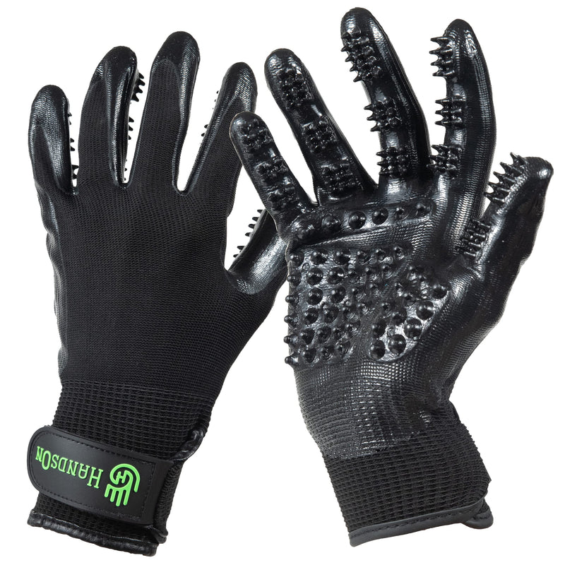 H HandsOn Pet Grooming Gloves - Patented #1 Ranked, Award Winning Shedding, Bathing, & Hair Remover Gloves - Gentle Brush for Cats, Dogs, and Horses (Black, Medium)