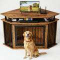 IRONCK Corner Dog Crate Furniture with 2-Tier Shelves – Wooden Pet Kennel for Large Dogs, Space-Saving TV Stand, Rustic Brown (26.7" L x 51.2" W x 33.5" H)