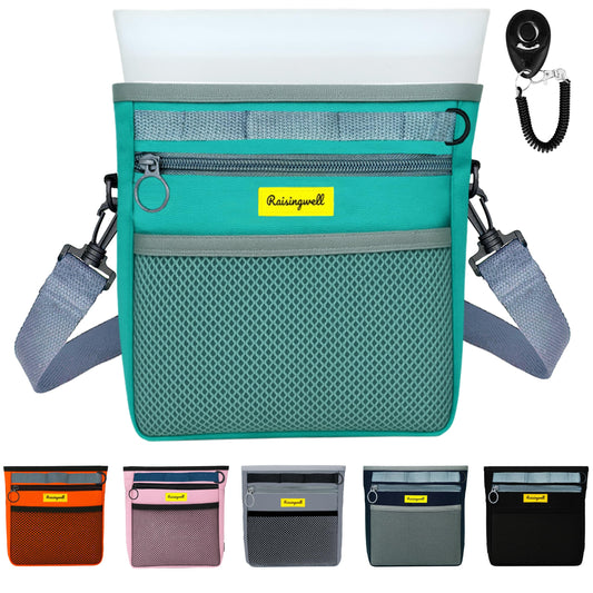 Raisingwell Dog Treat Pouch with Magnetic Closure 4-Cup Silicone Bag Fanny Pack Holder with Clicker 4 Ways to Wear Front Pocket Fits All Phones Ideal for Leash, Pet Walking and Training（Green）
