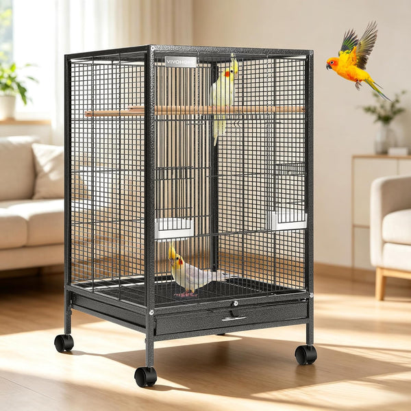 VIVOHOME 30 Inch Height Wrought Iron Bird Cage with Rolling Stand for Conures Lovebirds Cockatiels Finches, Black
